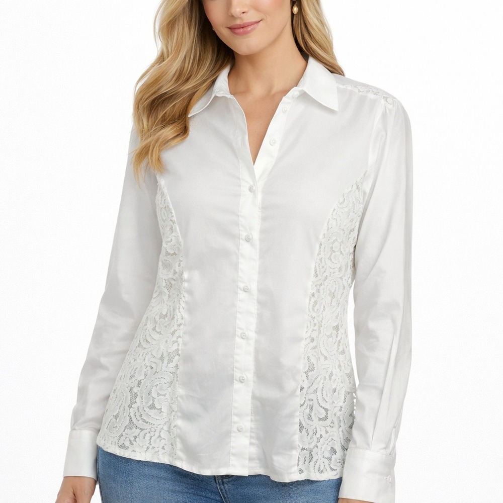 New Sundance EnLiven White Button Down‎ Lace Details Boho Blouse  XS